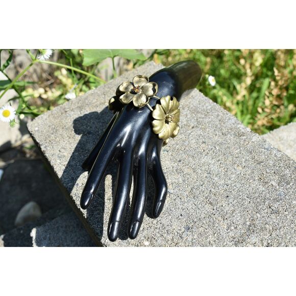 Gold toned Flower Statement Bracelet – Bold Sculptural Jewelry (size 7") - Picture 7 of 7